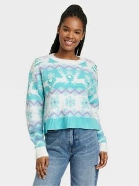 33 DEGREES Reindeer Graphic Sweater, Women’s L, Blue White Purple